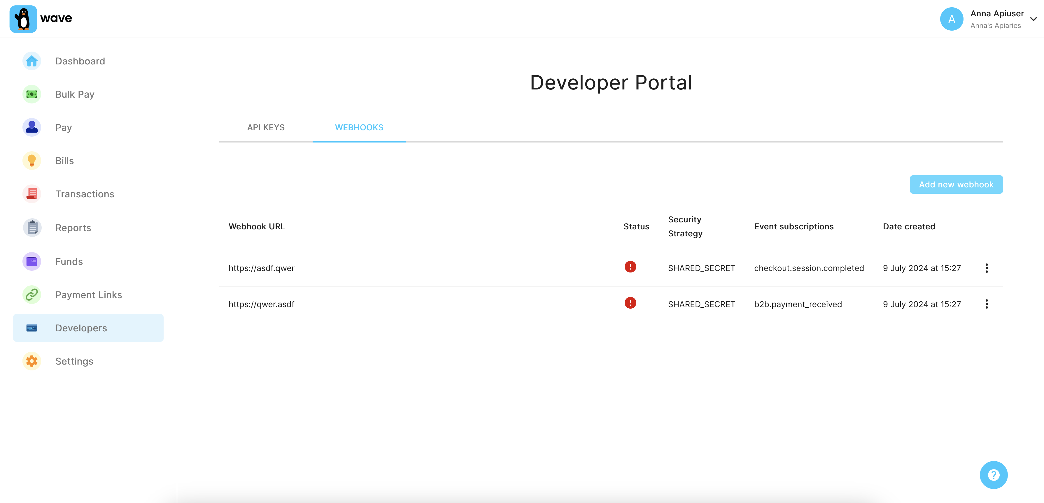 Webhook registration